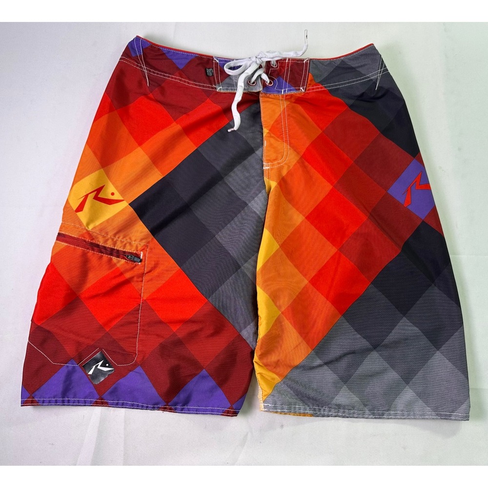 Rusty Board Shorts 32 Geometric Diamond Ombre Orange Purple Retro Surf Trunks‎